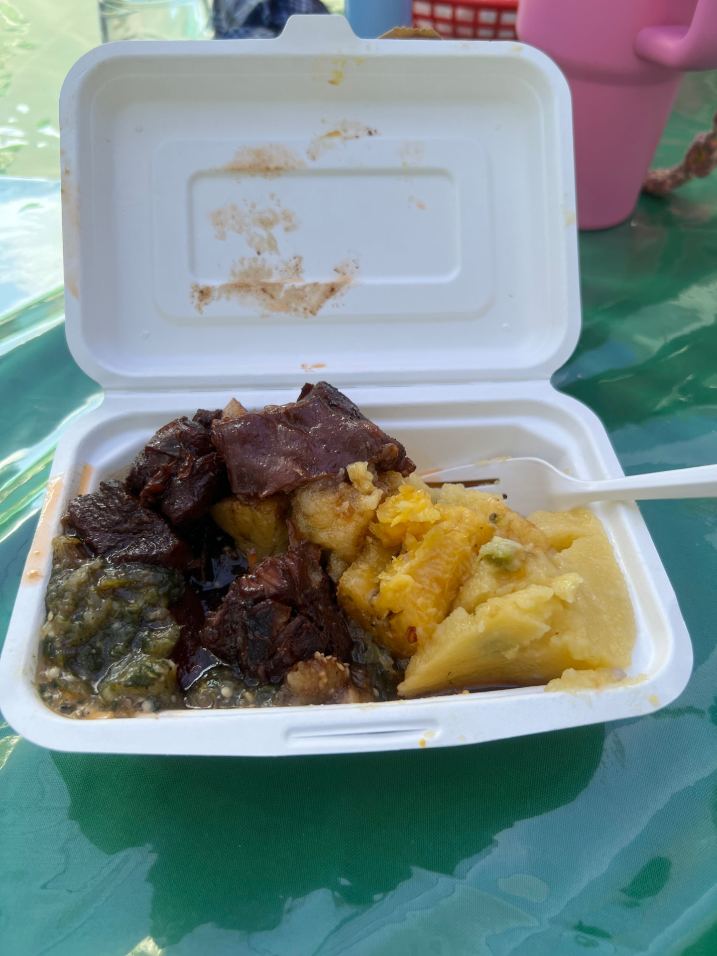 A takeout container of Antiguan stew beef, chop-up and fungi on the food tour
