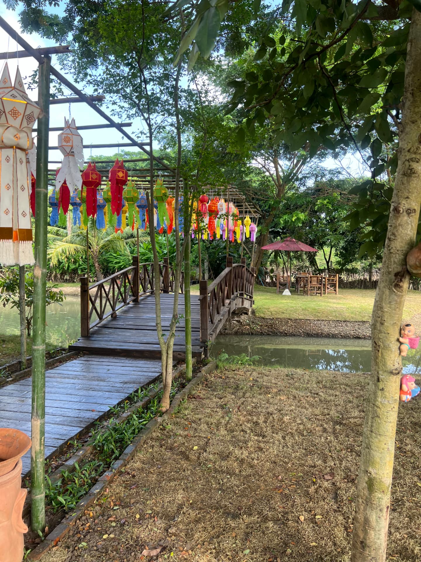 Wooden bridge draped in colorful Lanna lanterns over a pond at Grandma's Home Cooking School in Chiang Mai