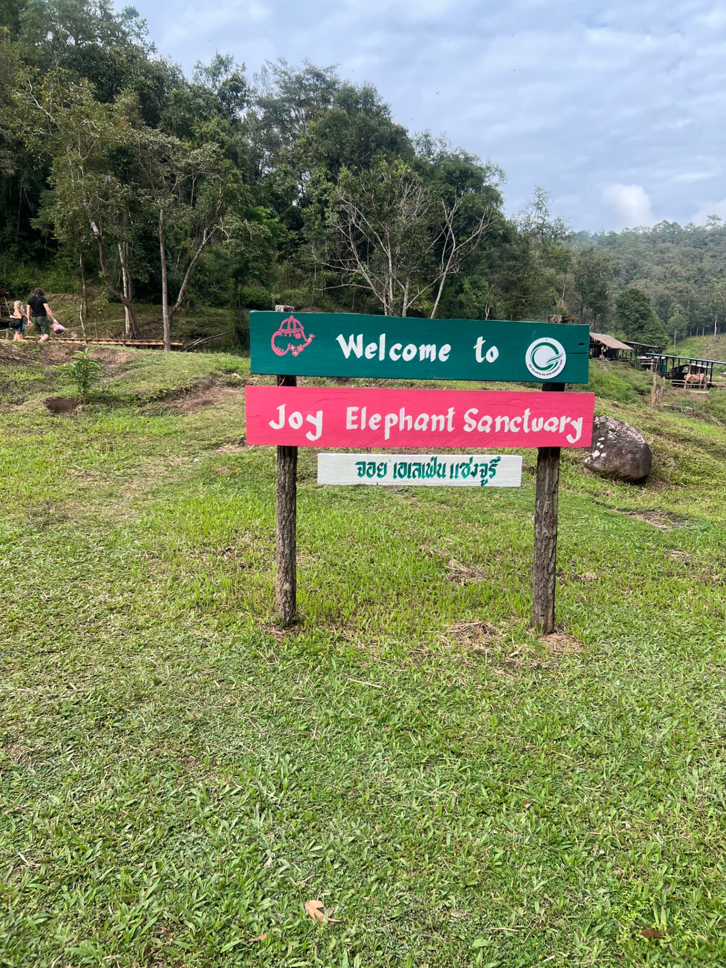Welcome to Joy Elephant Sanctuary sign on a green hillside outside Chiang Mai, Thailand