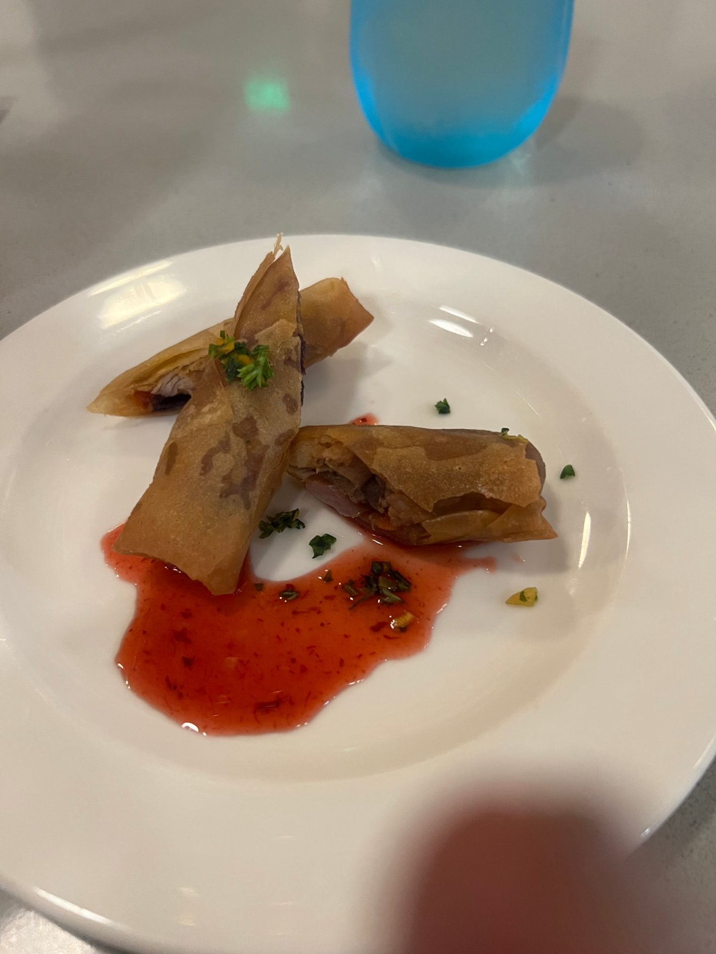 Two crispy spring rolls on a white plate with sweet chilli dipping sauce and fresh herbs at Haven Grill in Antigua