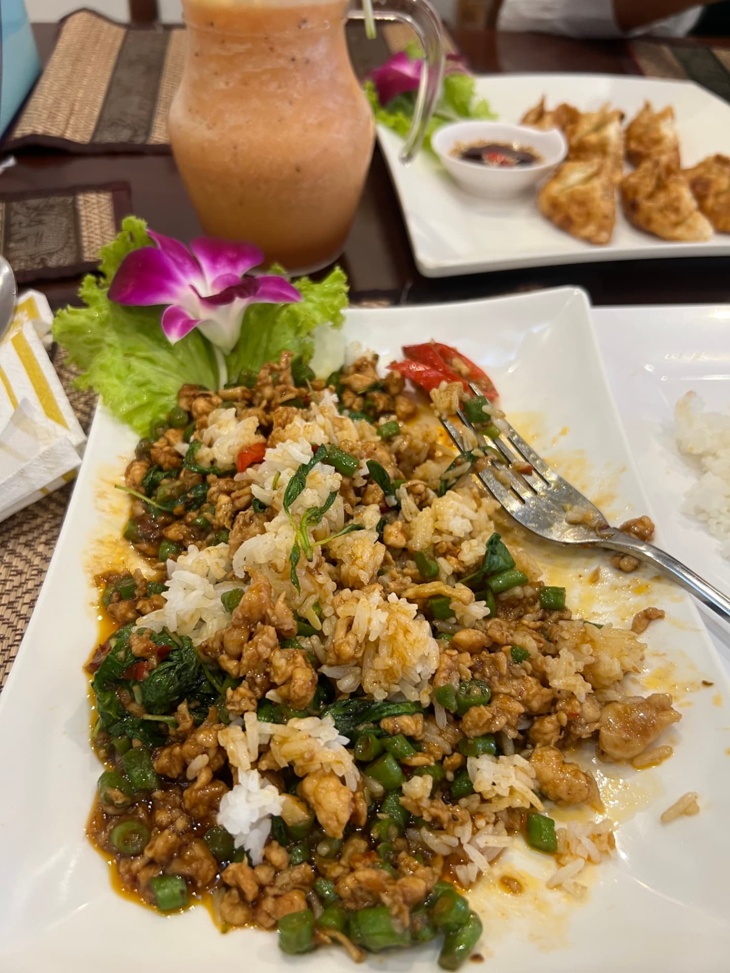Basil chicken fried rice with a fried egg in Phuket
