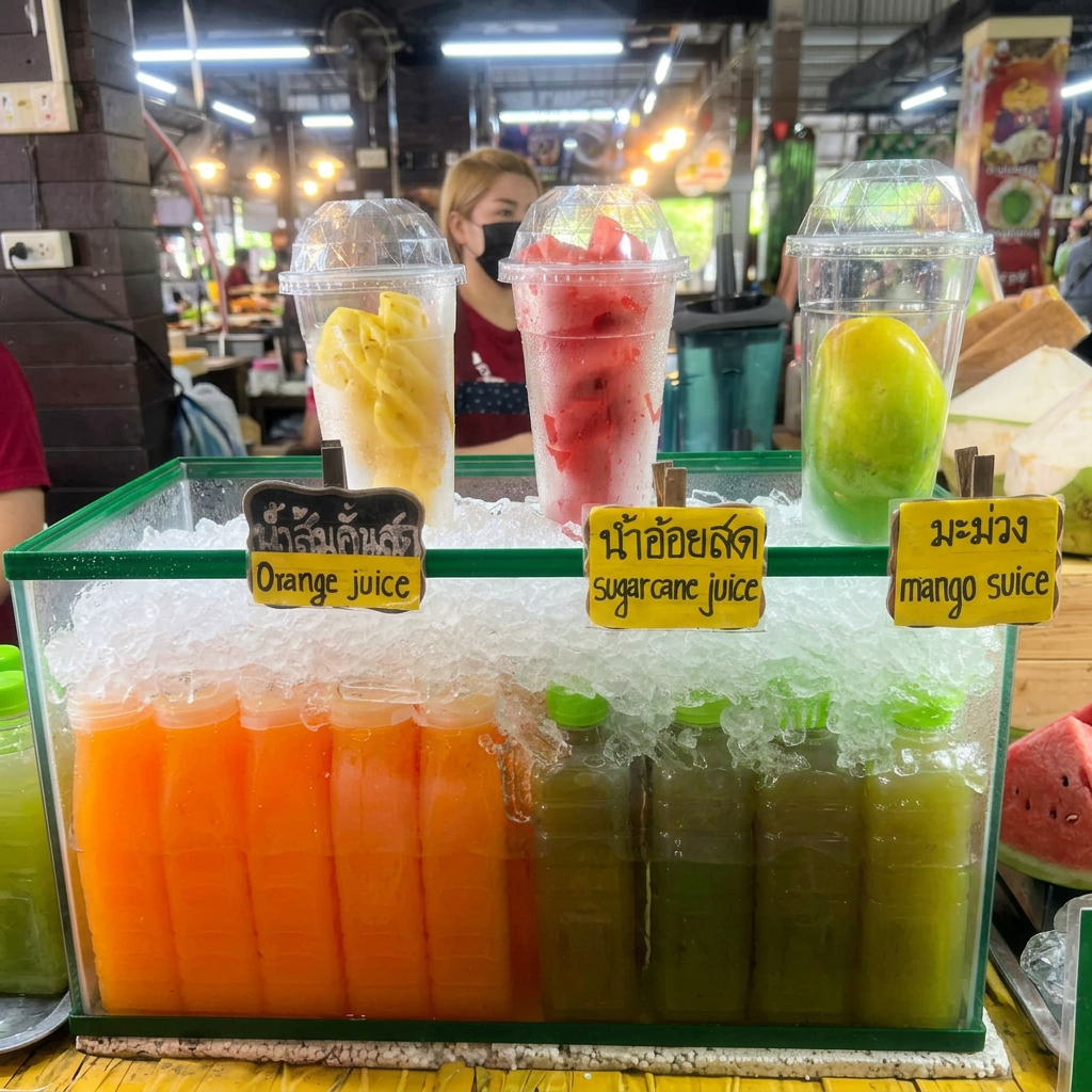 Fresh juice stand at the Chiang Mai market with orange, sugarcane and mango juice on ice