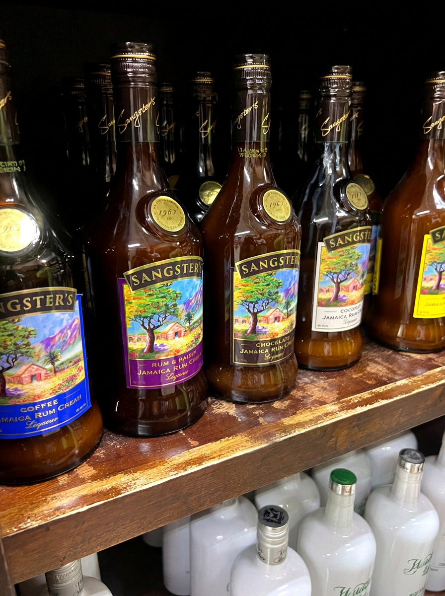 A shelf of Sangster's Jamaica Rum Cream bottles — coffee, chocolate, coconut and rum & raisin